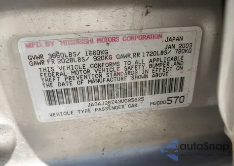 2003 Mitsubishi Lancer Es z USA, uszkodzony, nr VIN JA3AJ26E43U085825